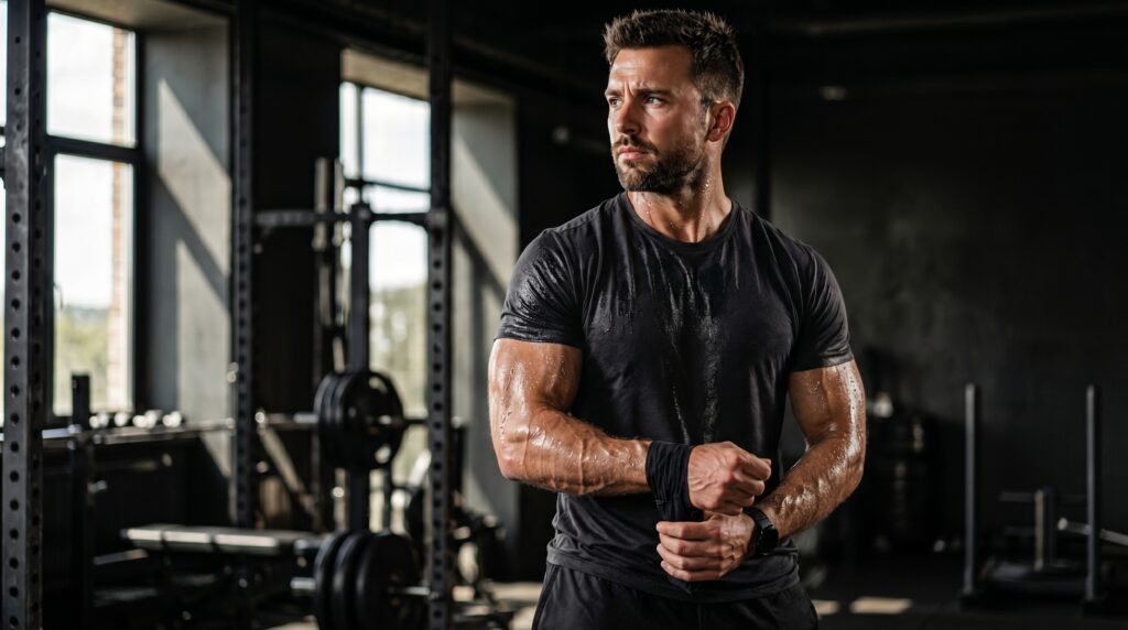 Man in gym representing testosterone testing and TRT lab evaluation for men’s hormone health